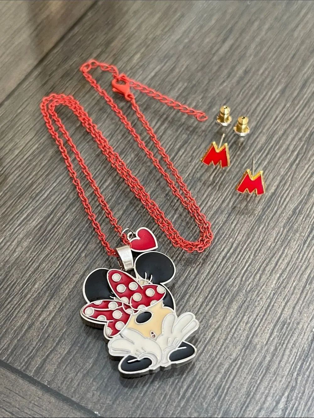 Disney Minnie Mouse & Heart Polka Dot Bow Necklace Vintage “M” Initial Earrings